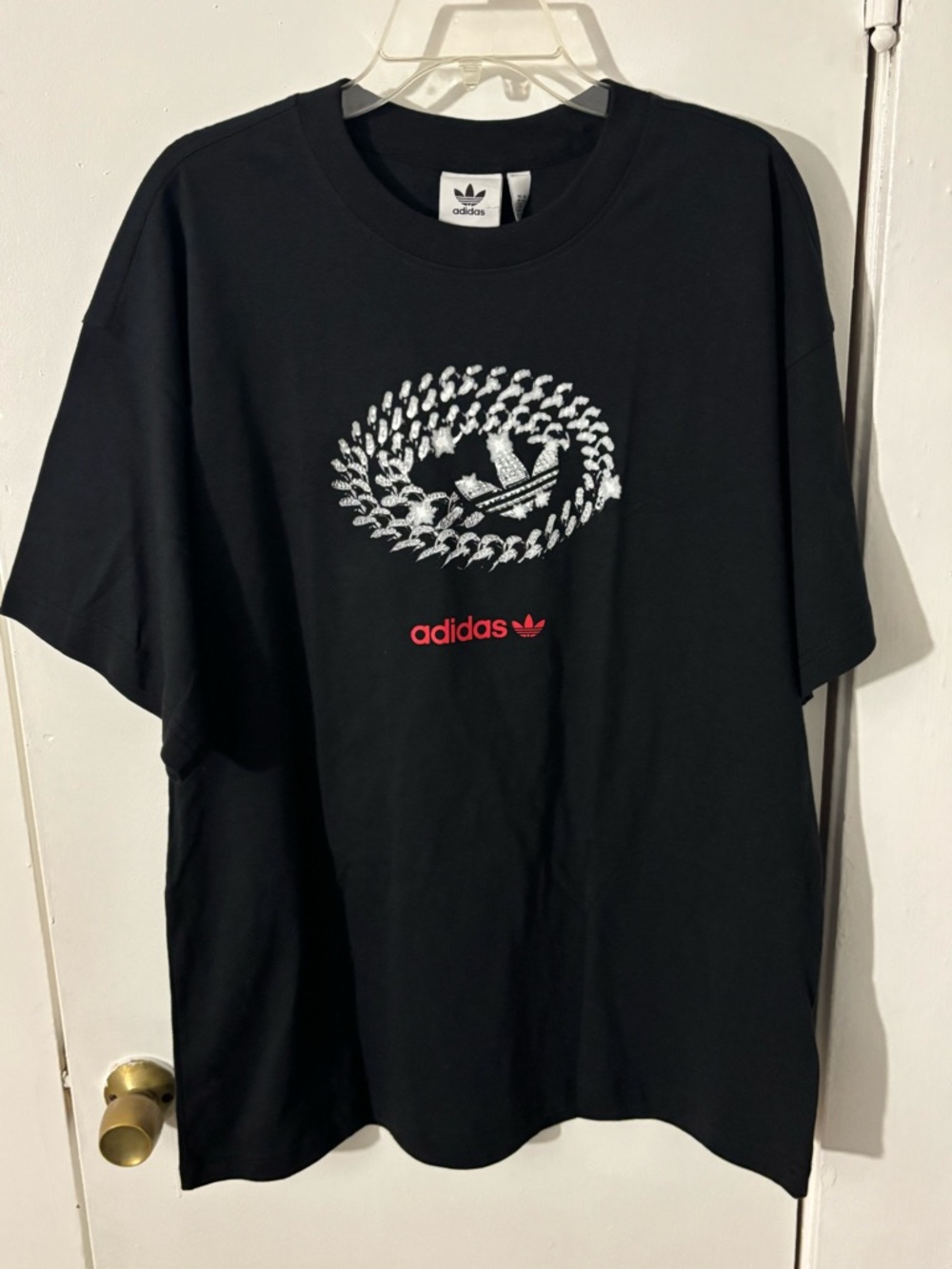 adidas Black T-Shirt with White Spiral Trefoil and Red Logo